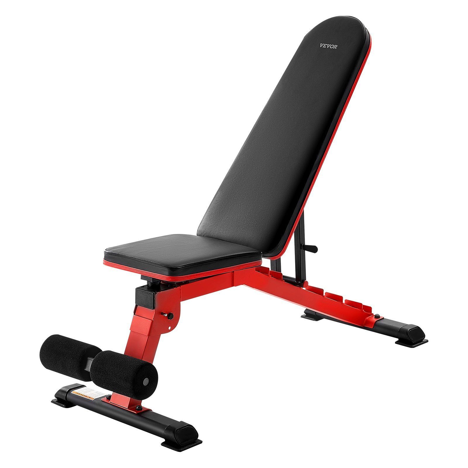 Adjustable weight bench with a red steel frame, black padded backrest and seat, and foam leg rollers