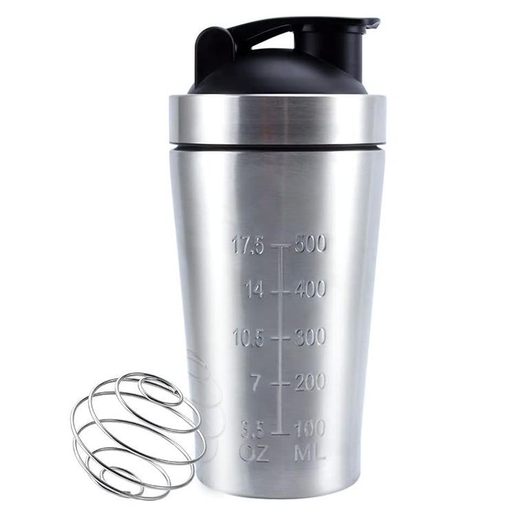 Brushed stainless steel shaker bottle with a black flip lid, embossed ounce markings and a wire mixing ball