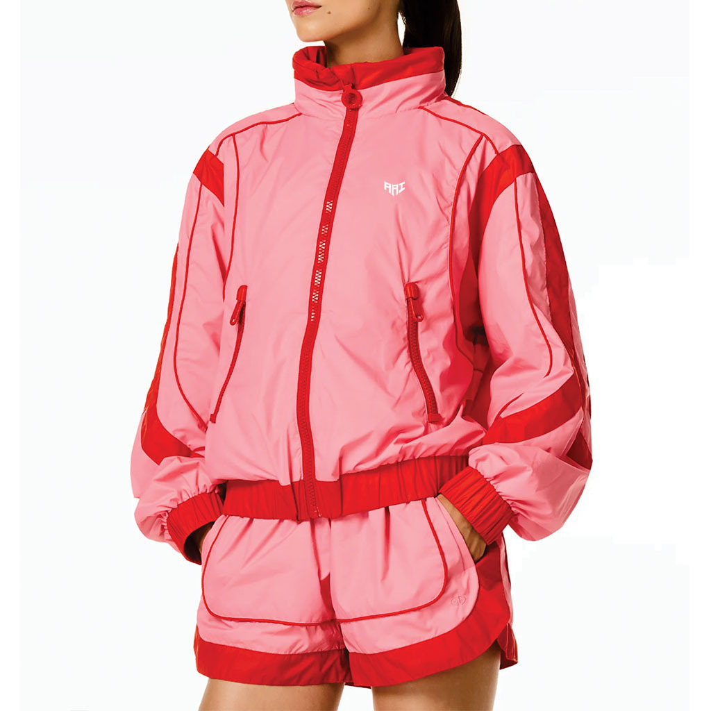 Pink and red full-zip windbreaker track jacket with a stand collar, piped panels and elasticated cuffs and hem