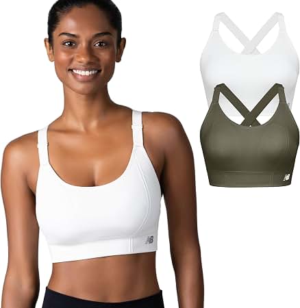Two racerback sports bras, one white and one olive, with crossed back straps and adjustable shoulders